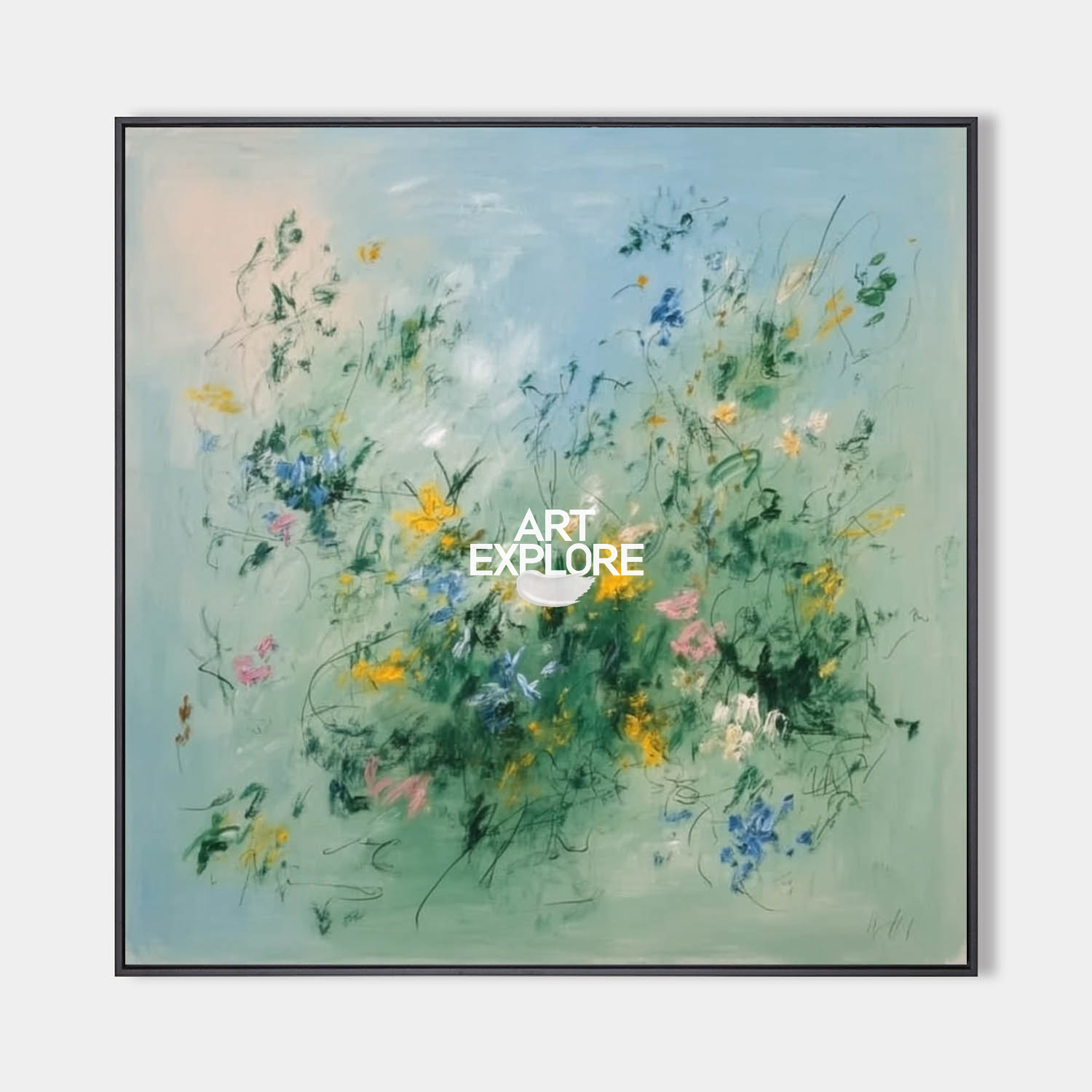 Original hand painted sage green floral abstract oil painting canvas wall art, nordic scandinavian elegant luxury modern botanical livi