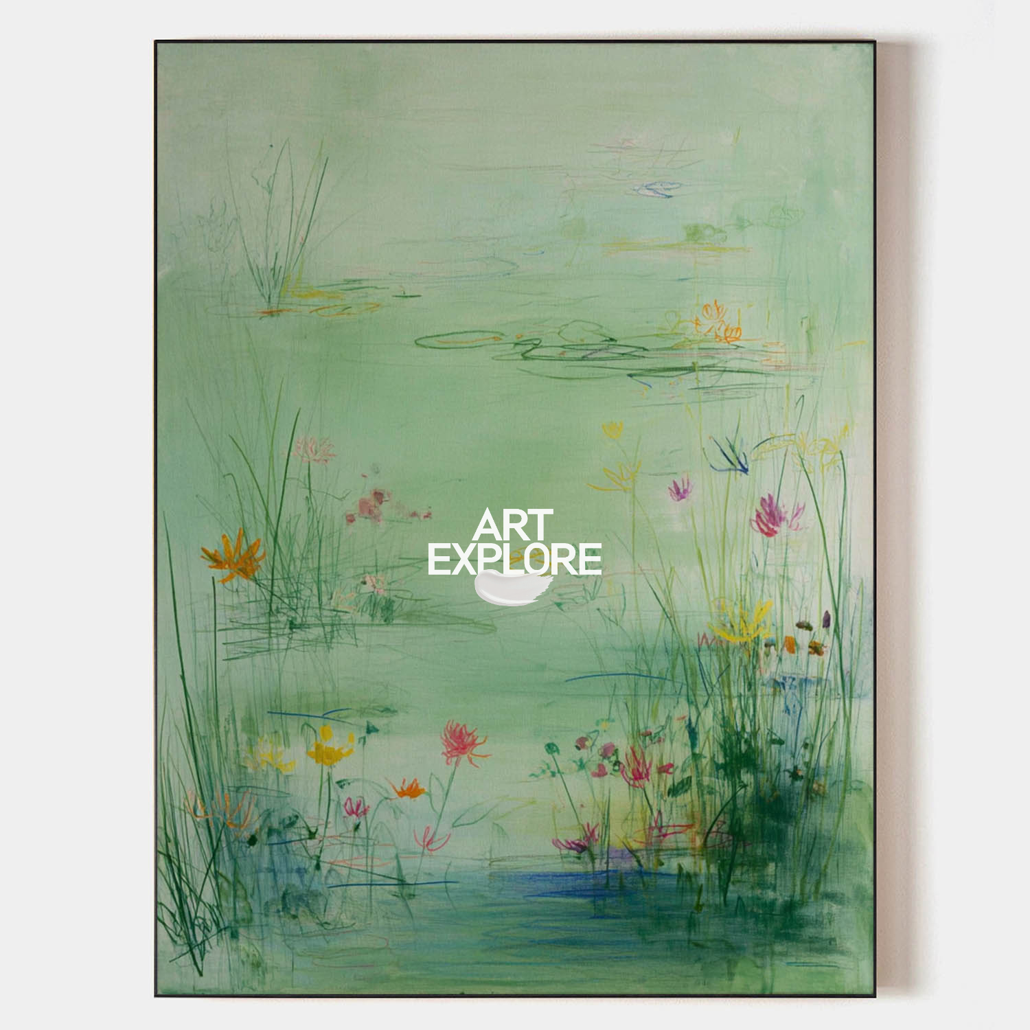 Original hand painted sage green abstract botanical oil painting canvas, misty pond wildflowers nordic scandinavian elegant luxury mode