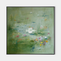 Original hand painted sage green botanical oil painting canvas wall art, nordic scandinavian elegant luxury abstract lily pond modern h