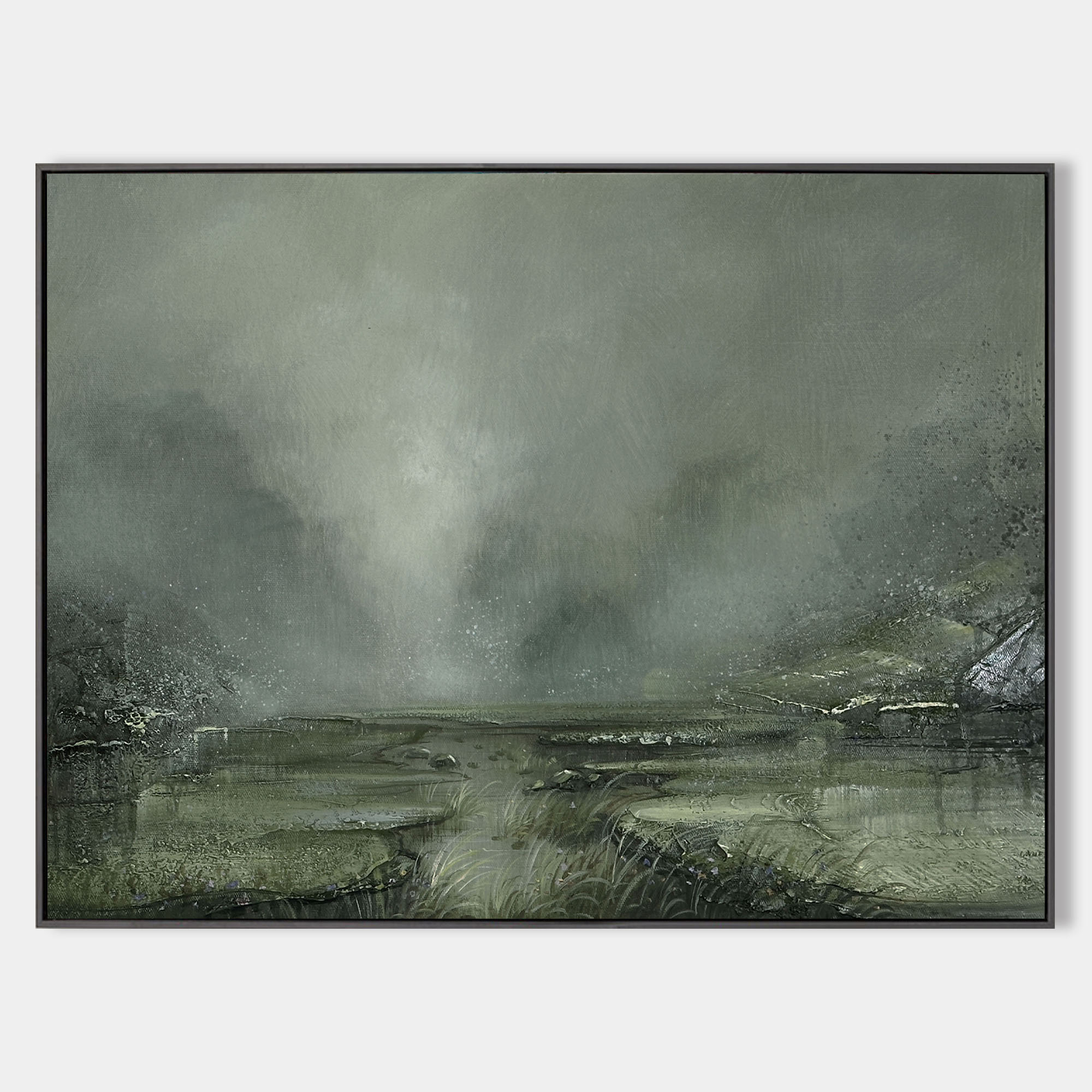 Original hand painted sage green moody mist landscape oil painting canvas wall art, nordic scandinavian elegant luxury modern living ro