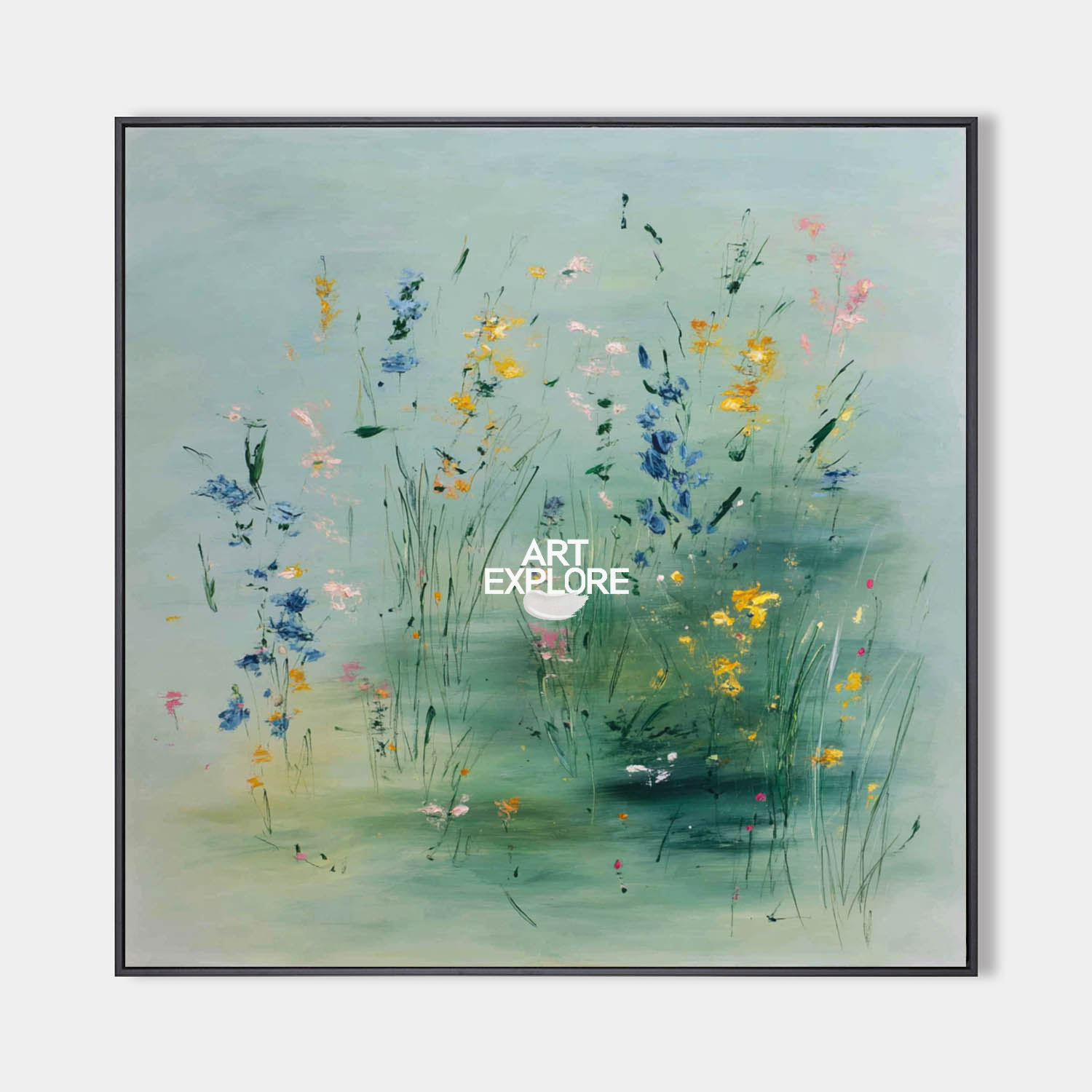 Original hand painted teal botanical oil painting canvas wall art, wild blue yellow flowers meadow, nordic scandinavian elegant luxury