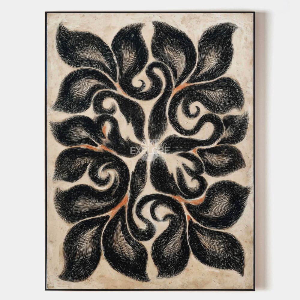 Original hand painted black swirling abstract bloom oil painting canvas wall art, nordic scandinavian elegant luxury modern living room