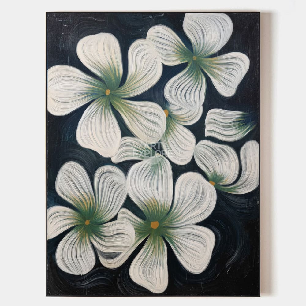 Original hand painted ivory white floral abstract oil painting canvas wall art, dark navy botanical nordic scandinavian elegant luxury