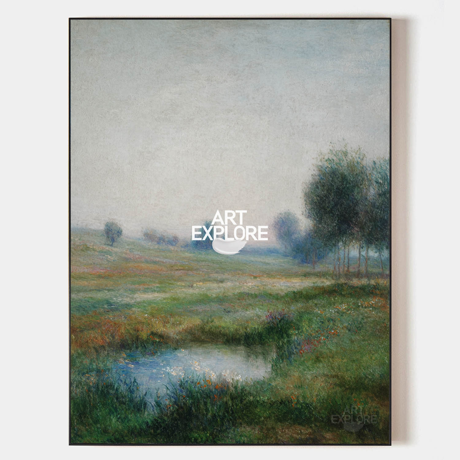 Original hand painted misty green meadow oil painting canvas wall art, elegant luxury nordic scandinavian modern living room interior d