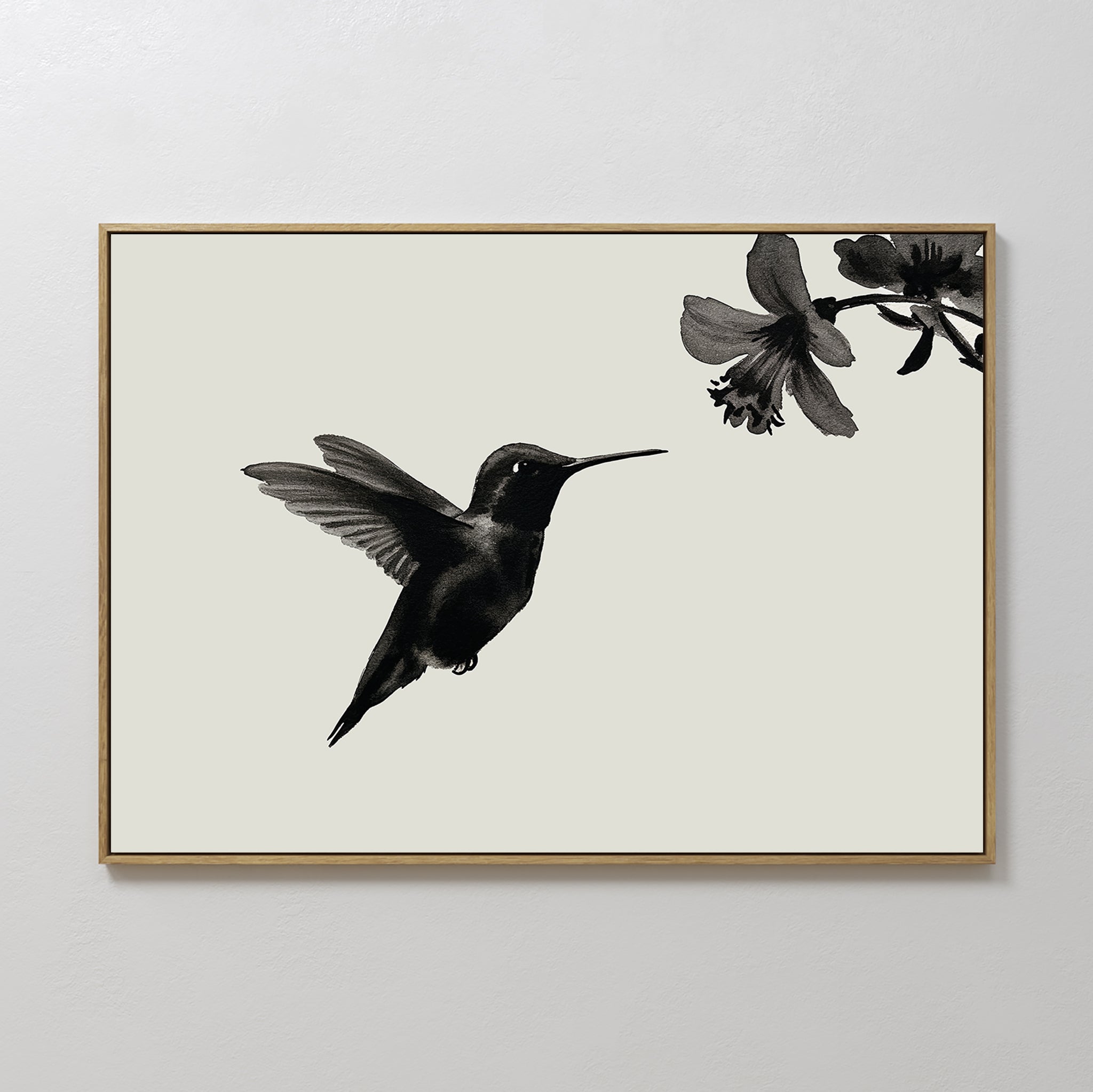 Hand painted original black ink hummingbird oil painting canvas wall art, nordic scandinavian japandi elegant luxury minimalist modern home decor inte