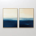 Original hand painted navy blue cream abstract ocean horizon oil painting canvas wall art, nordic scandinavian elegant luxury modern living room home