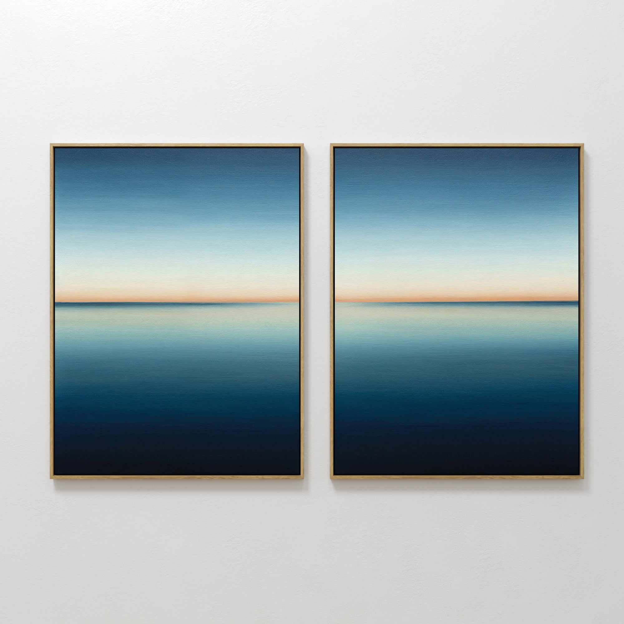 Original hand painted deep teal navy blue blush dusk seascape diptych oil painting canvas wall art, nordic scandinavian minimalist elegant luxury mode
