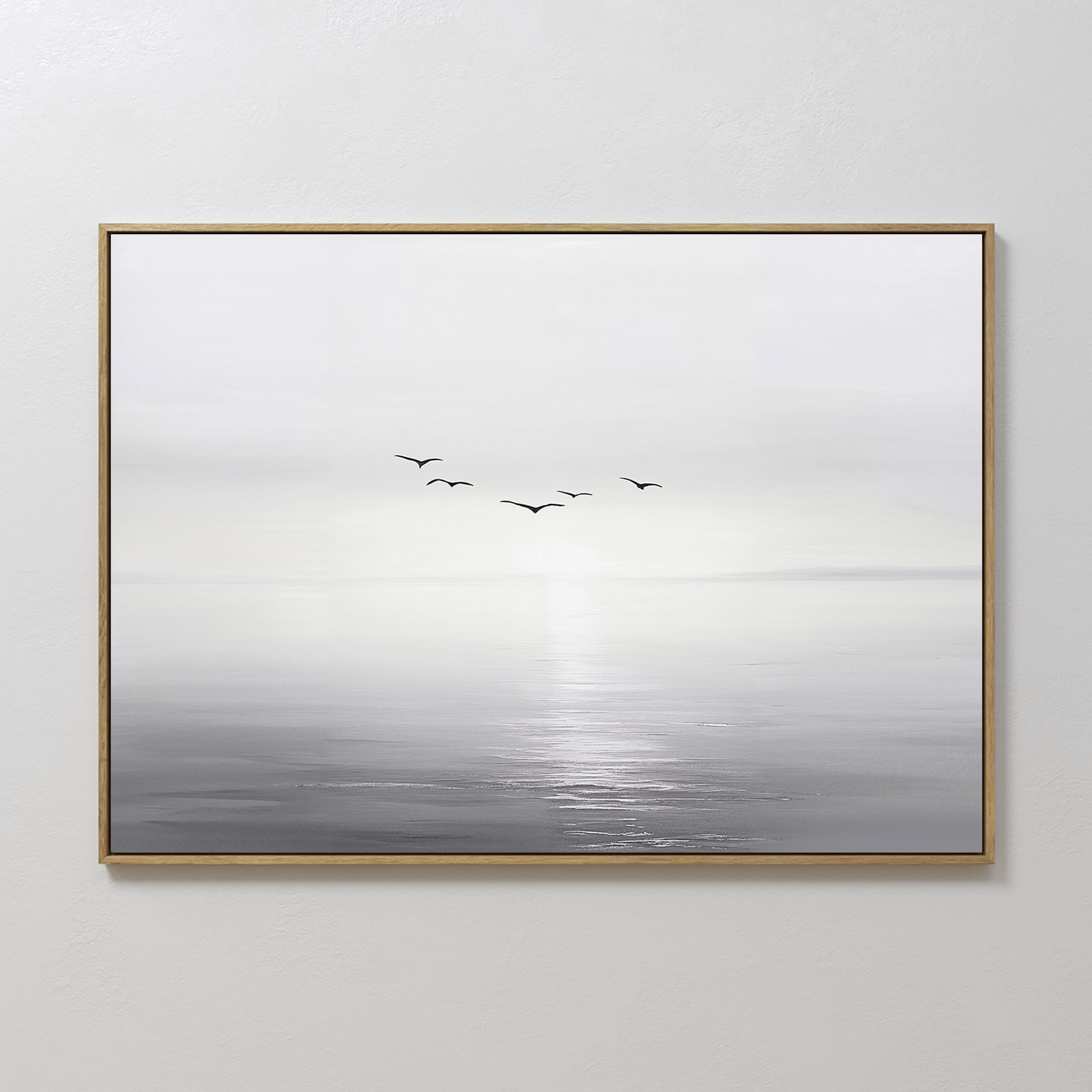 Original hand painted grey white misty coastal birds oil painting canvas wall art, nordic scandinavian minimalist elegant luxury modern home decor int