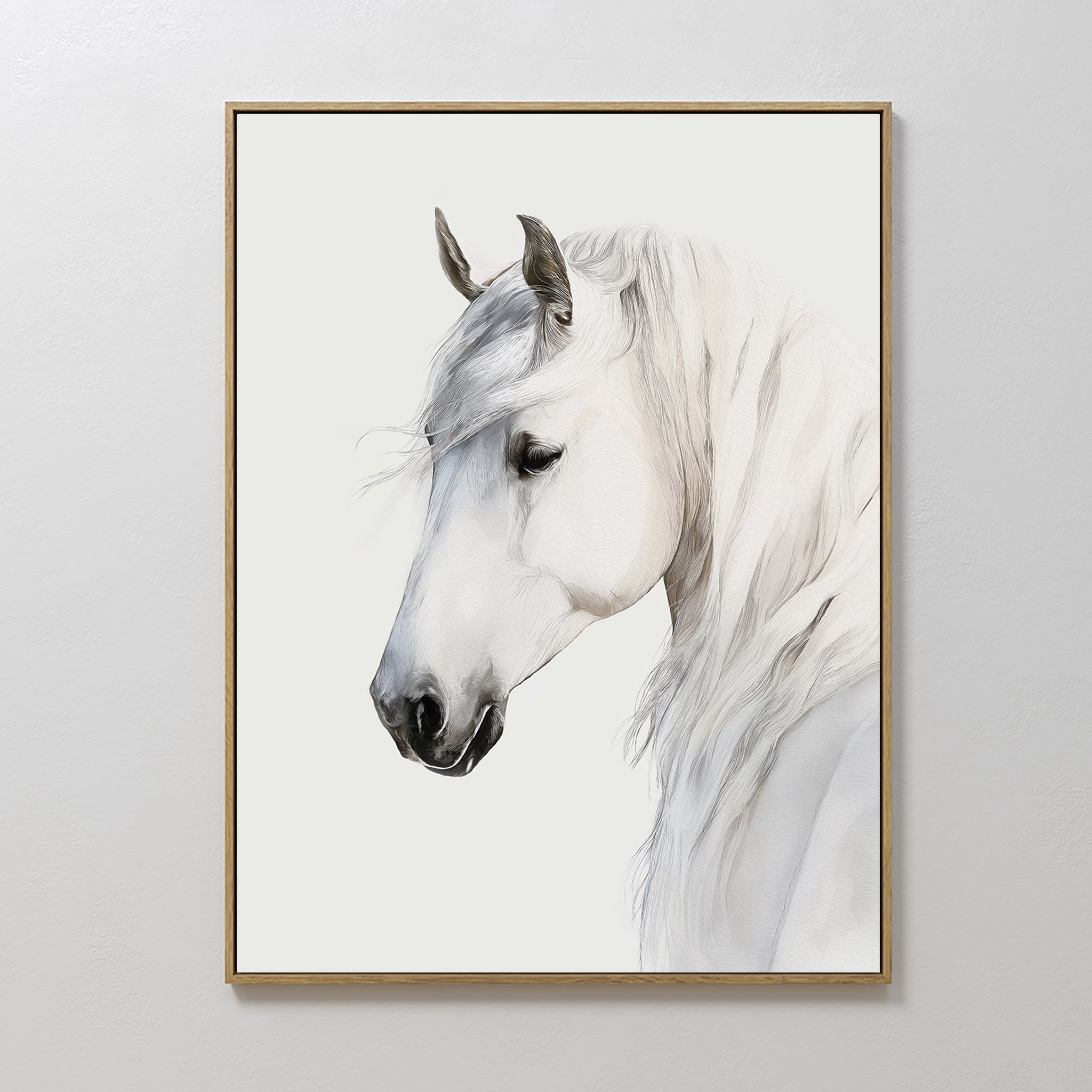 Original hand painted white horse portrait oil painting canvas wall art, soft ivory grey elegant luxury nordic scandinavian minimalist modern living r