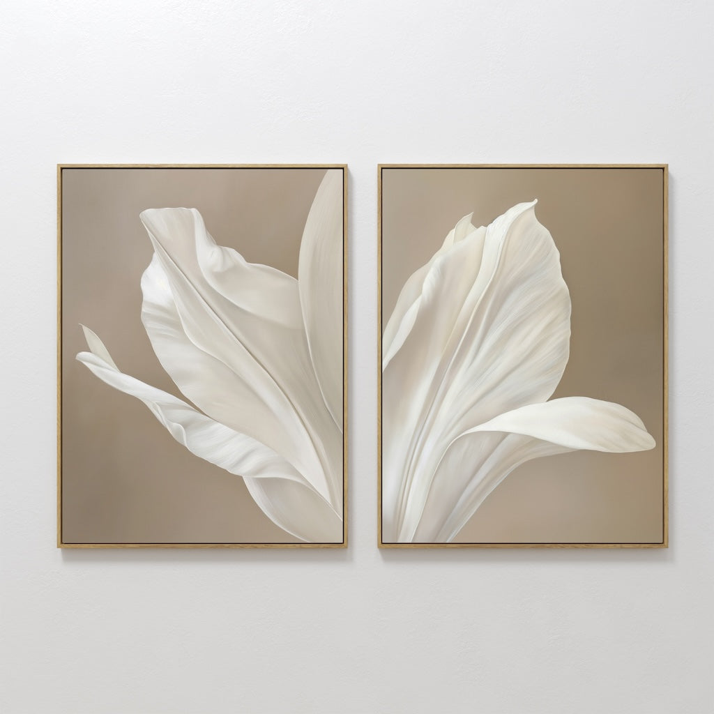 Original hand painted ivory white botanical floral oil painting canvas wall art set of 2, nordic scandinavian elegant luxury minimalist modern living