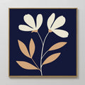 Original hand painted navy blue cream gold botanical floral oil painting canvas wall art, nordic scandinavian minimalist elegant luxury modern home de