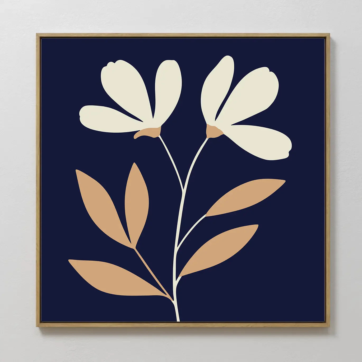 Original hand painted navy blue cream gold botanical floral oil painting canvas wall art, nordic scandinavian minimalist elegant luxury modern home de