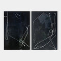 Original hand painted black abstract oil painting diptych canvas wall art, expressive white line nordic scandinavian minimalist elegant