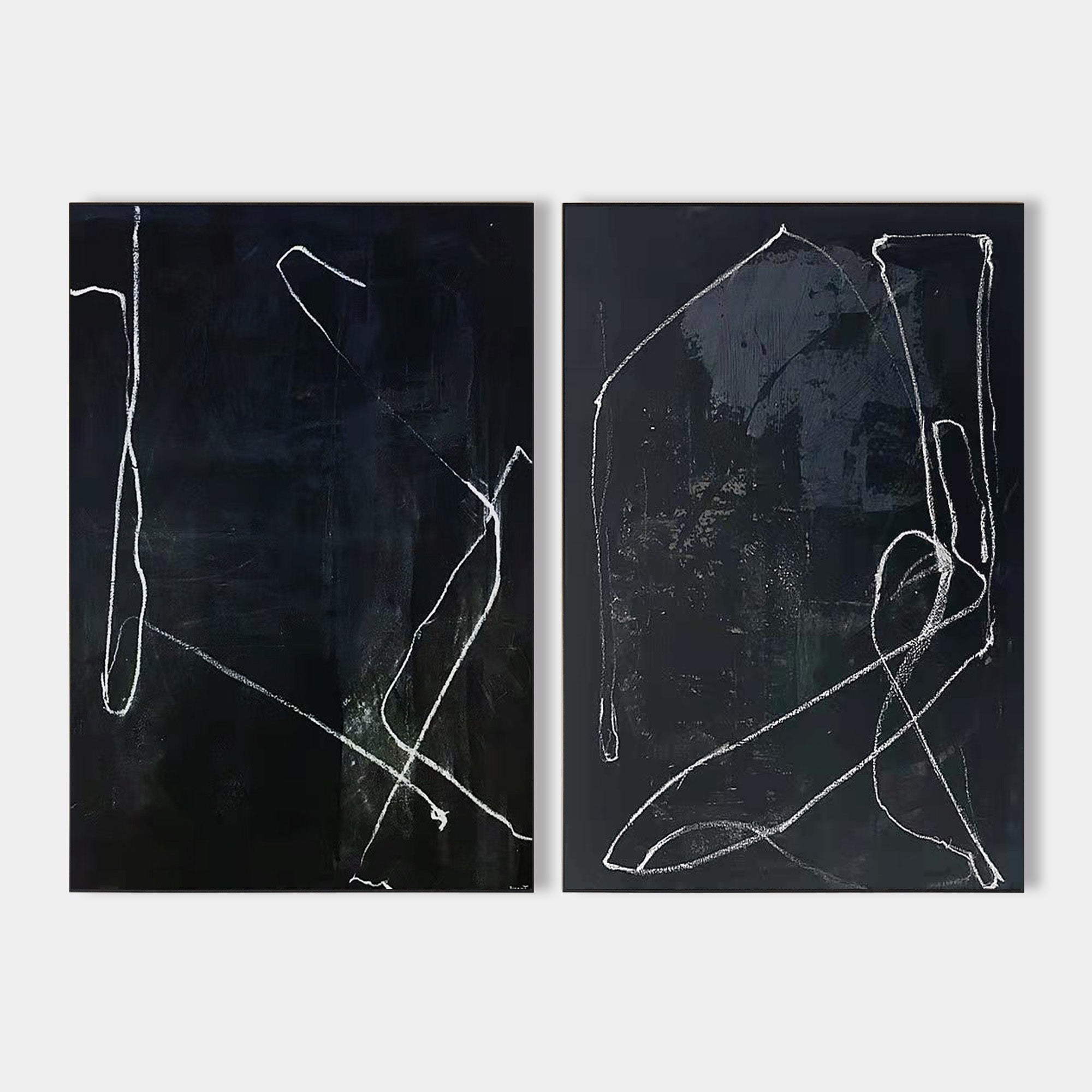 Original hand painted black abstract oil painting diptych canvas wall art, expressive white line nordic scandinavian minimalist elegant