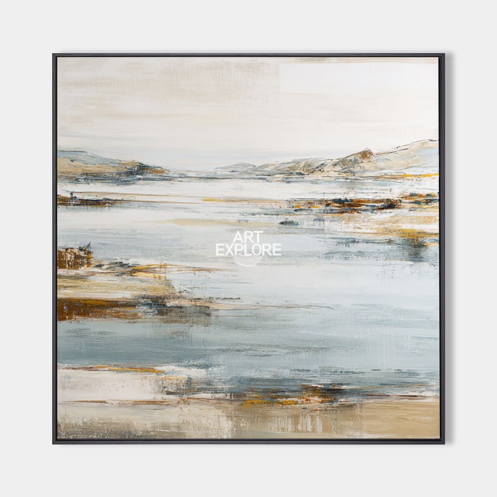 Original hand painted misty blue gold abstract coastal landscape oil painting canvas wall art, nordic scandinavian minimalist elegant l