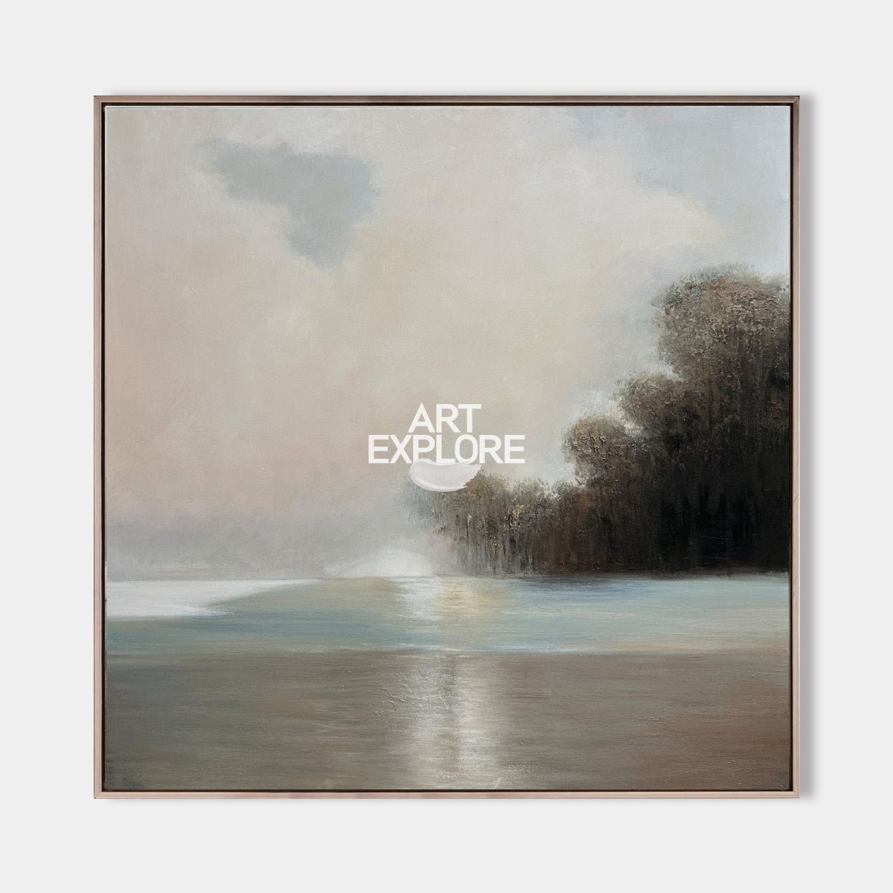 Original hand painted misty coastal landscape oil painting canvas wall art, taupe grey teal nordic scandinavian elegant luxury minimali