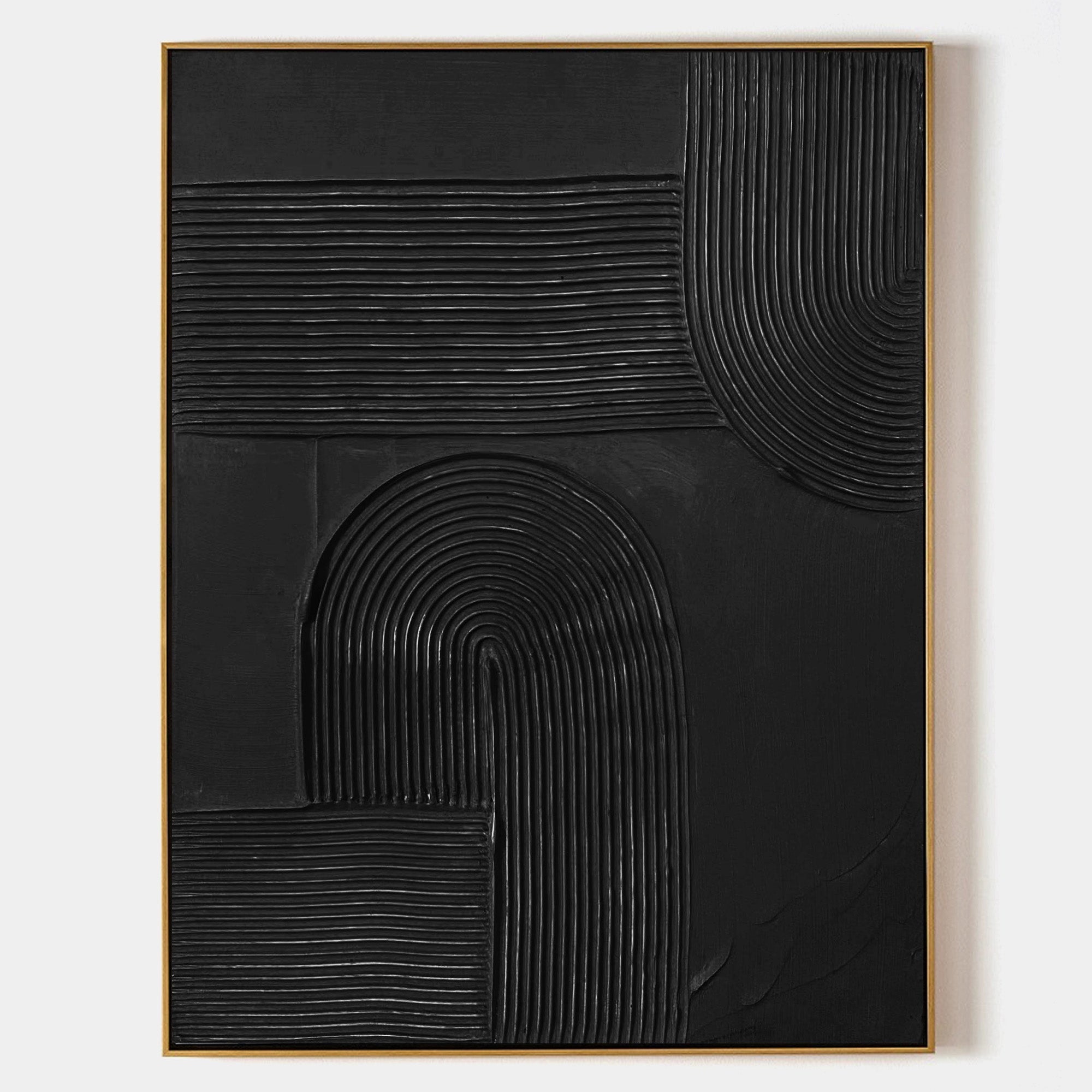 Original hand painted black geometric abstract oil painting canvas, raised arch concentric lines, luxury elegant modern nordic scandina