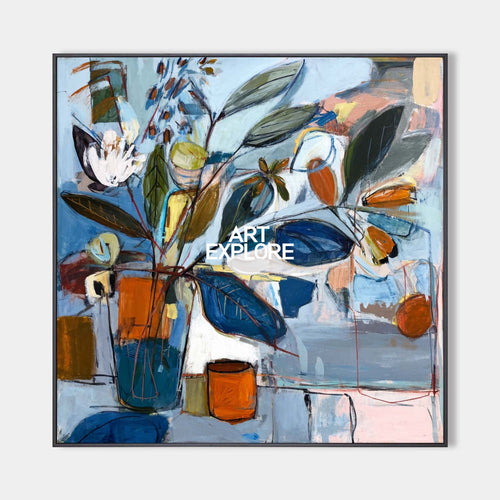 Hand painted original oil painting wall art canvas, blue floral abstract, elegant luxury modern nordic scandinavian home decor statemen