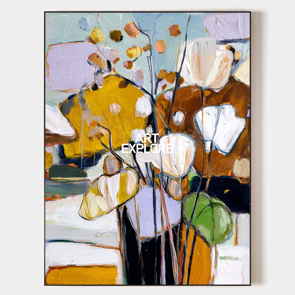 Hand painted original oil painting wall art canvas abstract floral gold white amber elegant luxury nordic scandinavian modern home deco