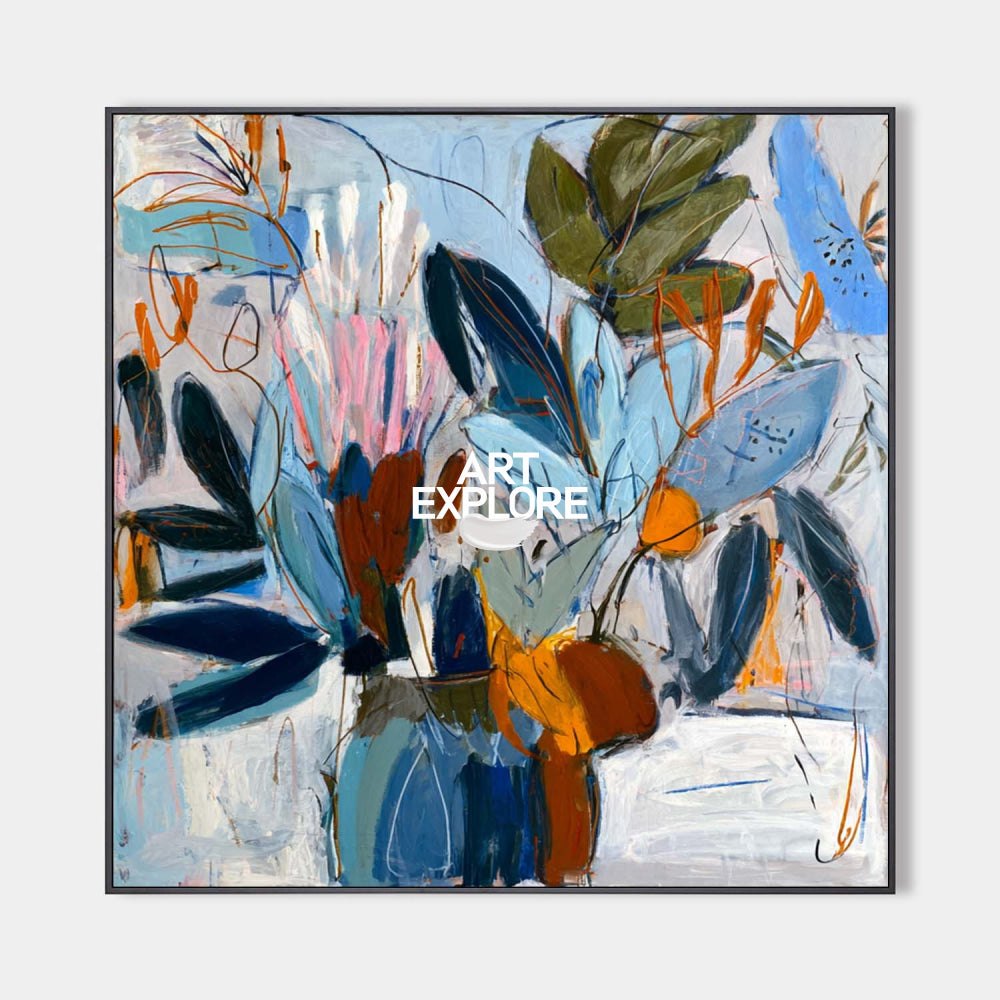 Hand painted original oil painting wall art canvas, blue floral abstract with orange accents, elegant luxury modern nordic scandinavian