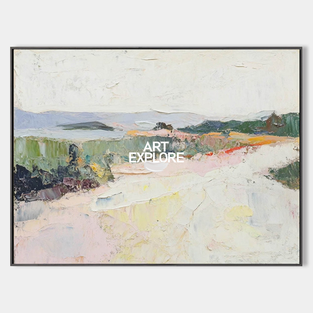 Hand painted original oil painting wall art canvas, soft ivory blush landscape, nordic scandinavian elegant luxury modern home decor.