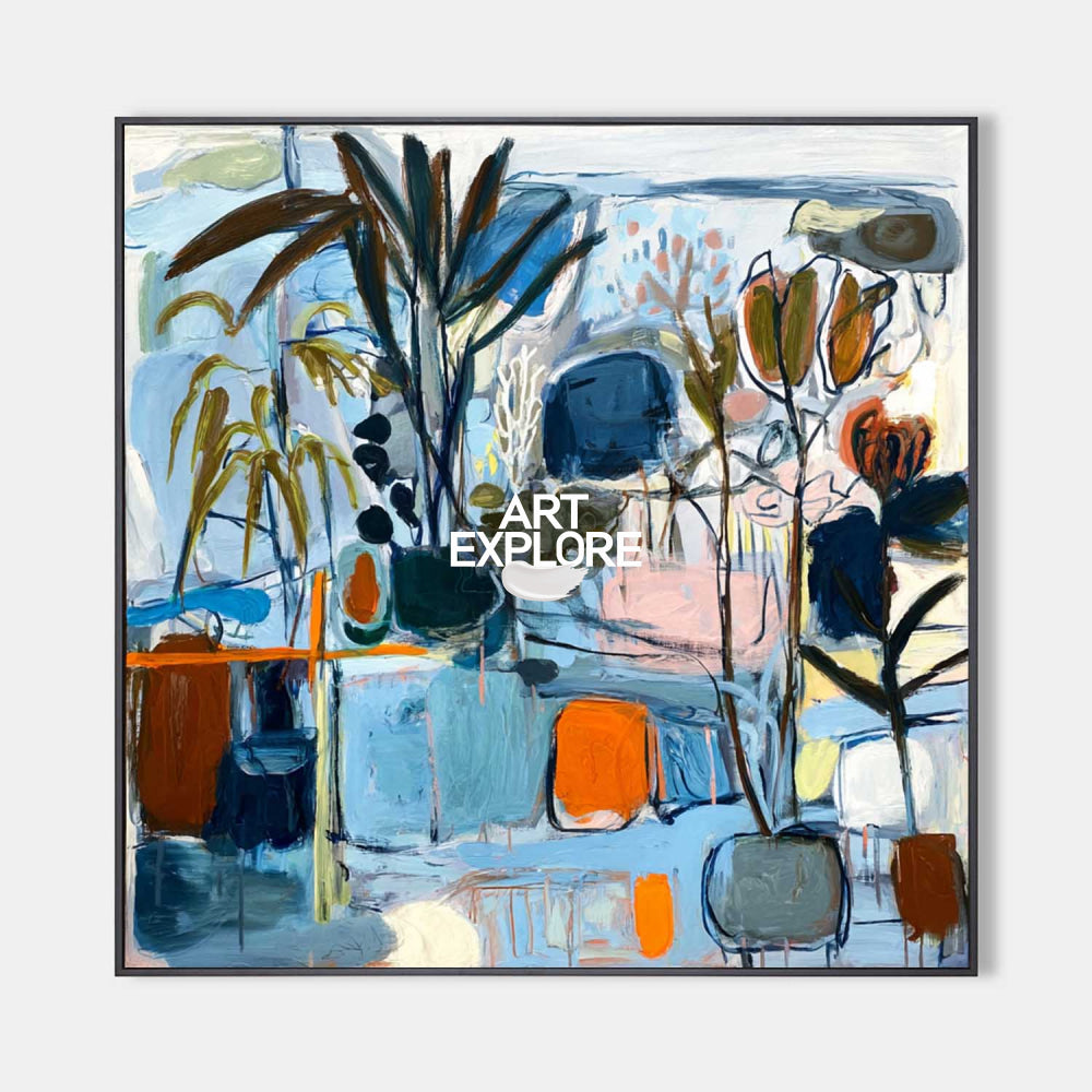 Hand painted original oil painting abstract botanical garden wall art canvas nordic scandinavian elegant luxury modern home decor blue