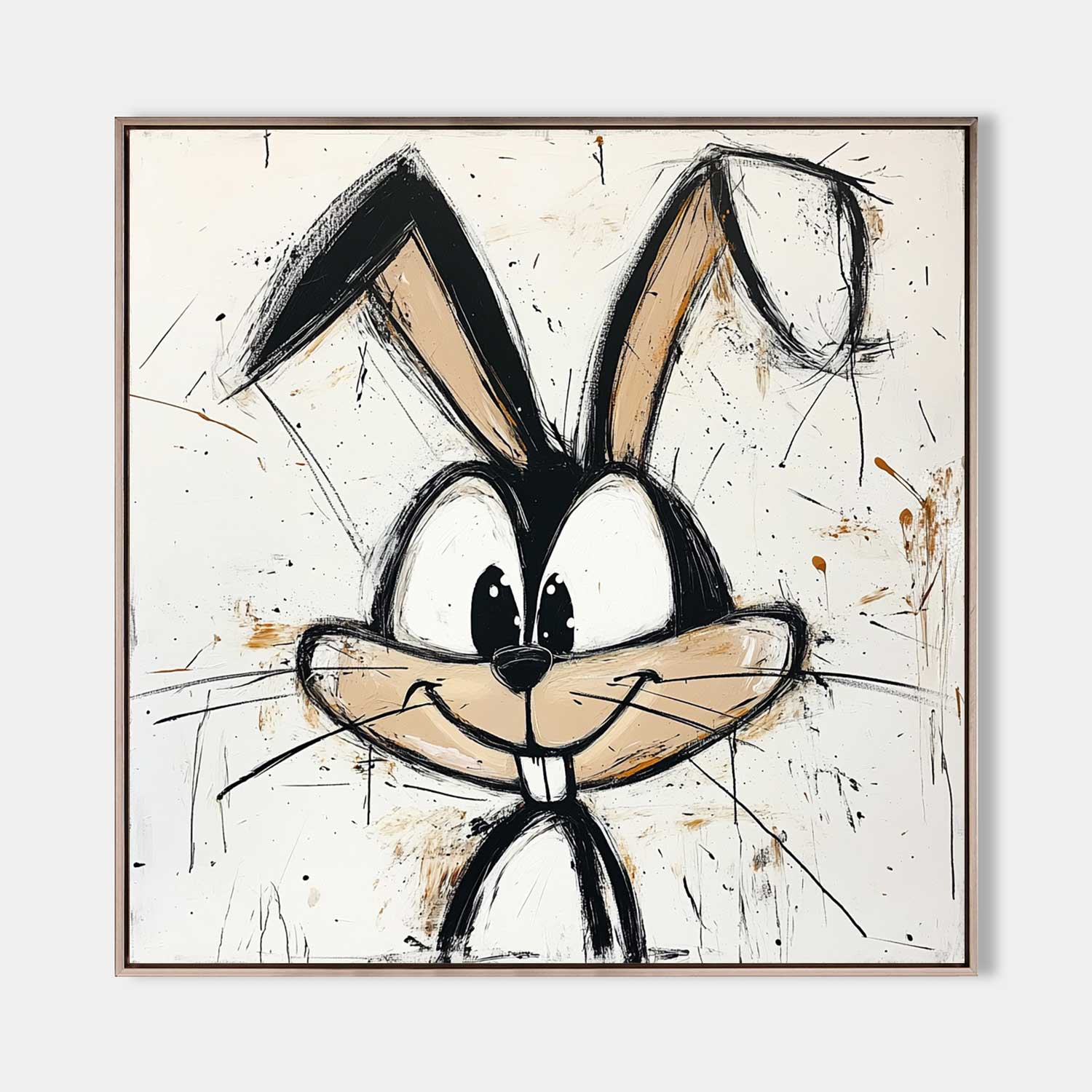 Original hand painted ivory black beige abstract rabbit oil painting canvas wall art, nordic scandinavian elegant luxury modern living