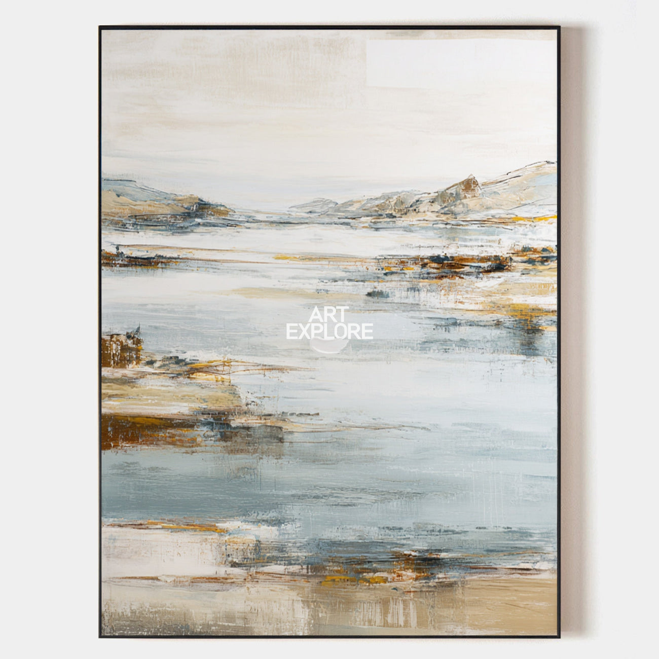 Original hand painted slate blue ochre abstract coastal landscape oil painting canvas wall art, nordic scandinavian minimalist elegant