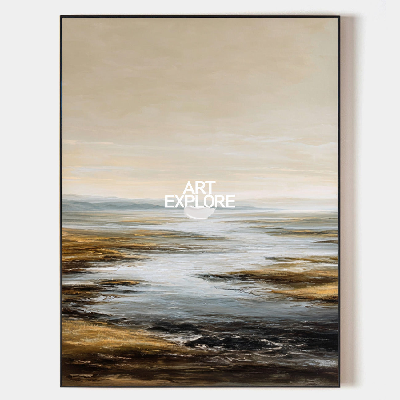 Original hand painted golden coastal abstract oil painting canvas wall art, nordic scandinavian minimalist elegant luxury modern living