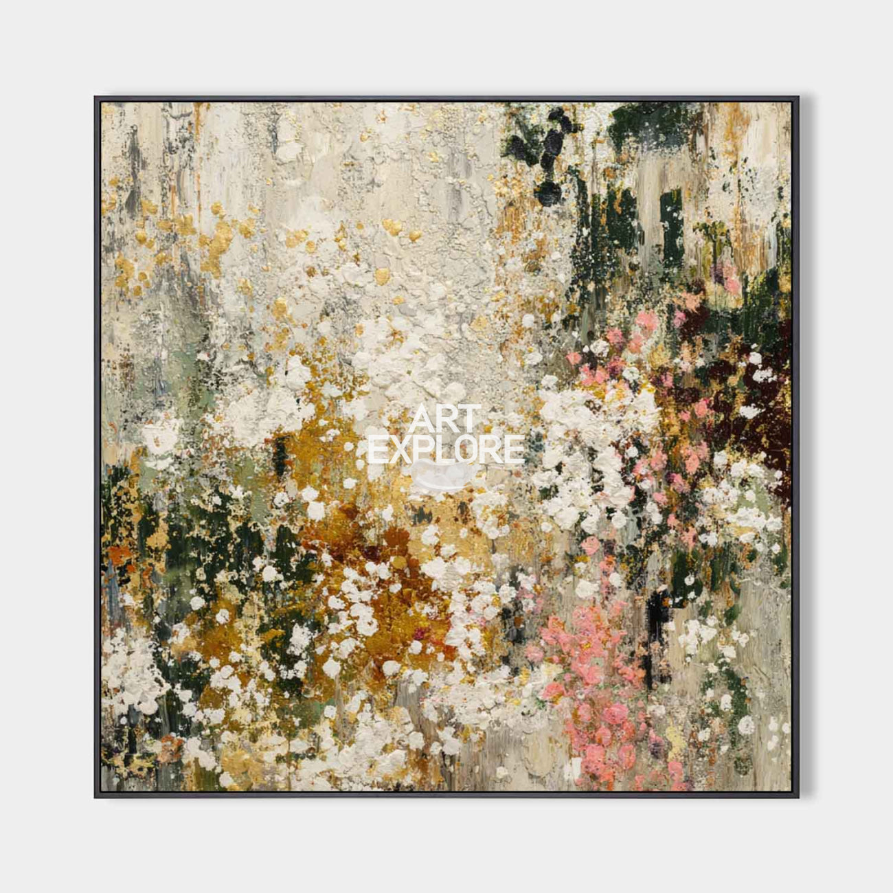 Original hand painted ivory gold blush abstract floral oil painting canvas wall art, nordic scandinavian elegant luxury modern living r
