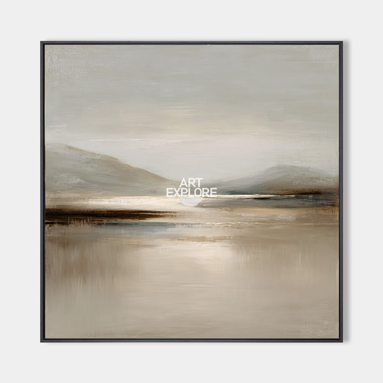 Original hand painted taupe grey misty lake mountain oil painting canvas wall art, nordic scandinavian minimalist elegant luxury modern