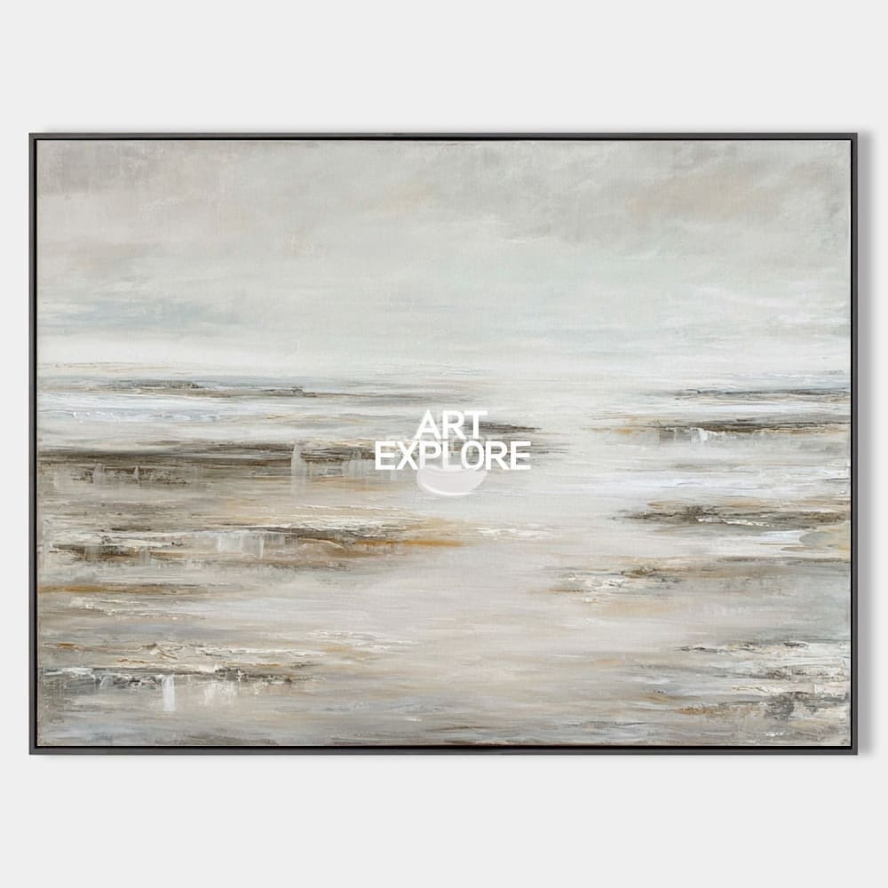 Original hand painted misty coastal abstract oil painting canvas wall art, nordic scandinavian minimalist elegant luxury modern living