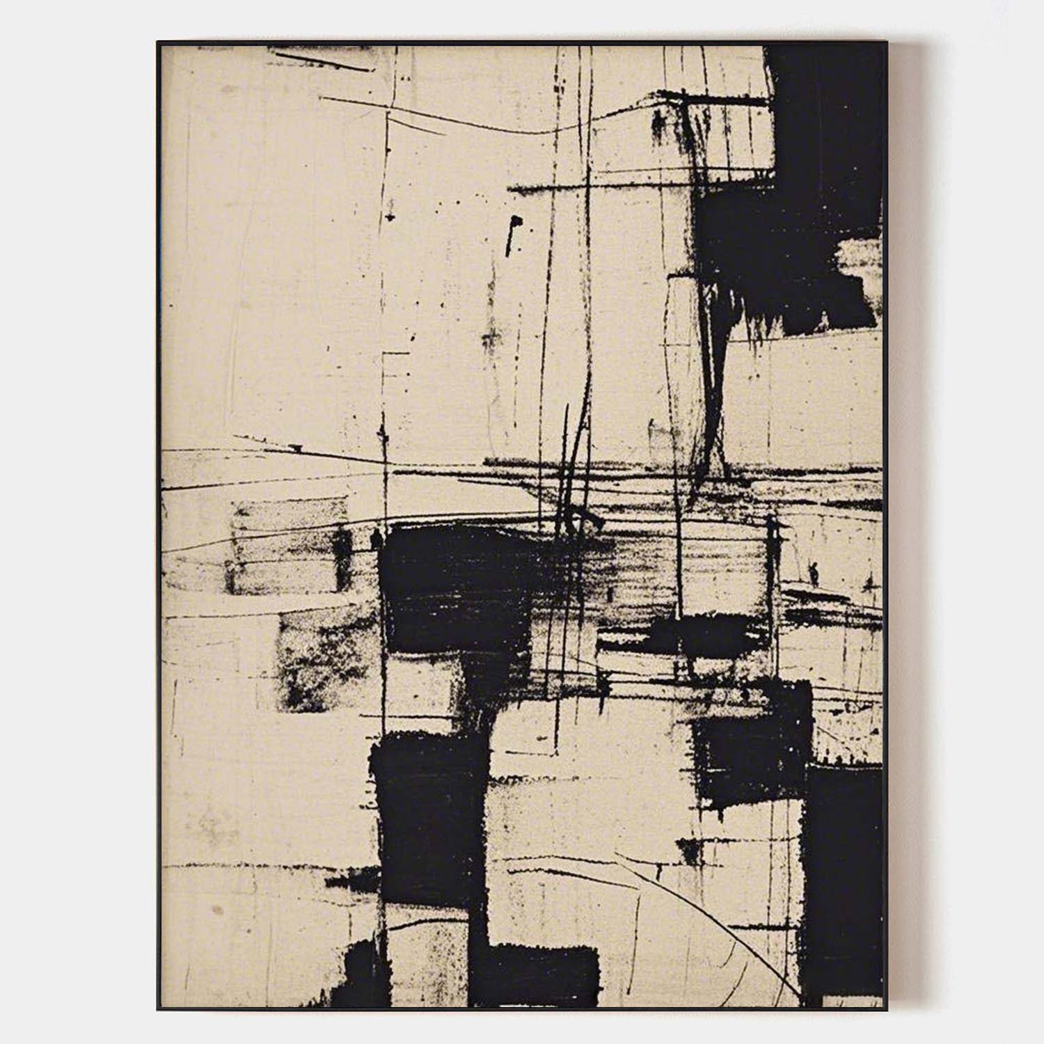 Original hand painted black ivory abstract oil painting canvas, bold geometric brushstrokes, nordic scandinavian elegant luxury modern