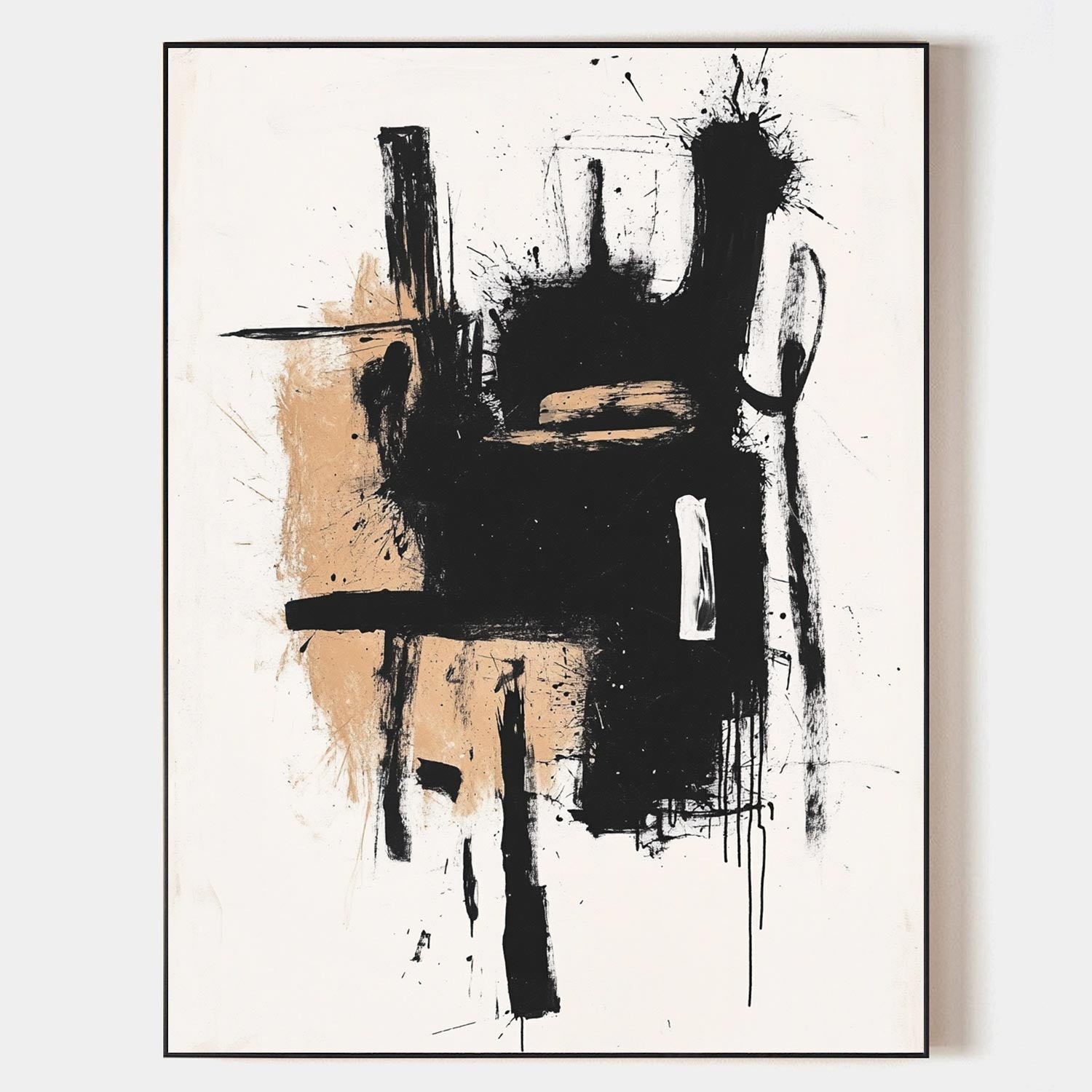 Original hand painted black tan abstract oil painting canvas wall art, expressive ink splatter nordic scandinavian elegant luxury moder