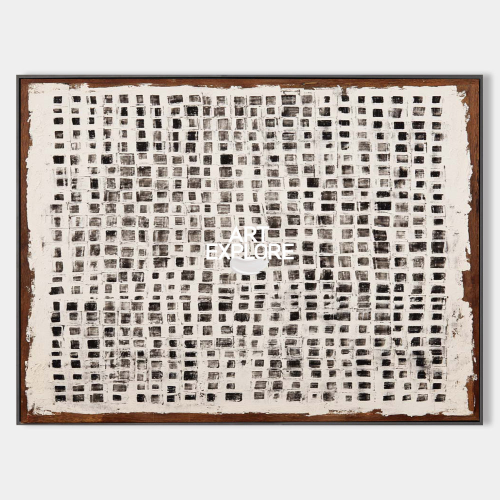 Hand painted original oil painting black ivory grid wall art canvas nordic scandinavian elegant luxury modern home decor horizontal