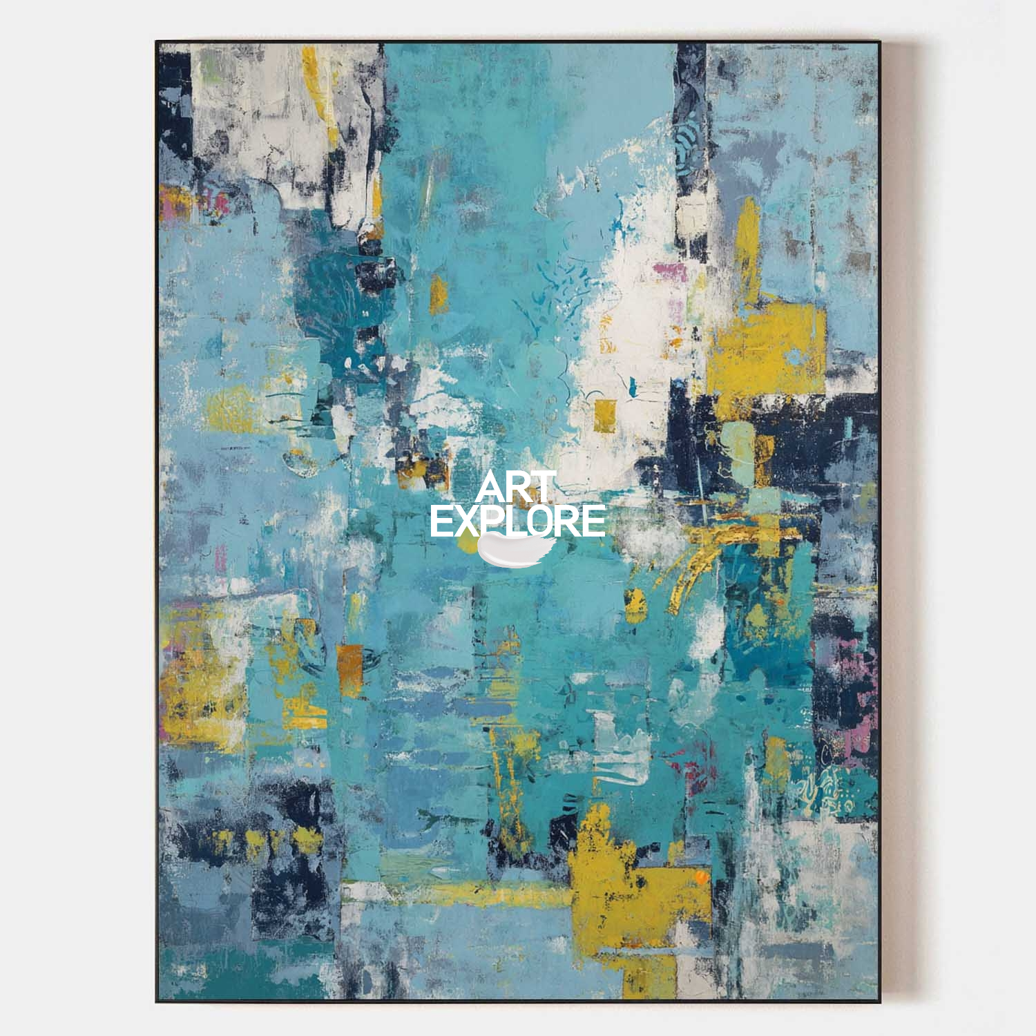 Original hand painted teal gold navy abstract oil painting canvas wall art, modern scandinavian elegant luxury living room interior des