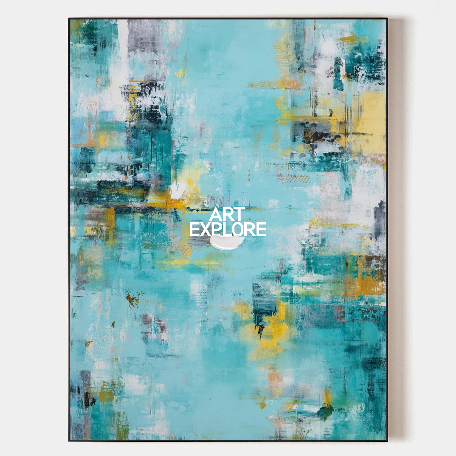 Original hand painted teal gold abstract oil painting canvas wall art, modern coastal scandinavian elegant luxury living room home deco