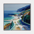 Original hand painted abstract coastal oil painting canvas, bold teal blue cliffs and winding road, elegant luxury modern nordic scandi