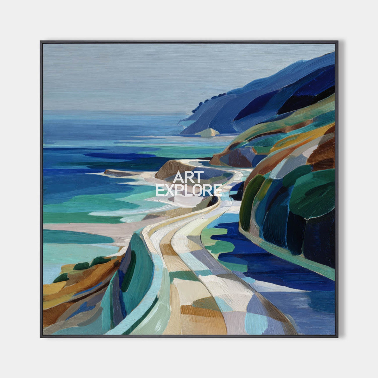 Original hand painted abstract coastal oil painting canvas, bold teal blue cliffs and winding road, elegant luxury modern nordic scandi