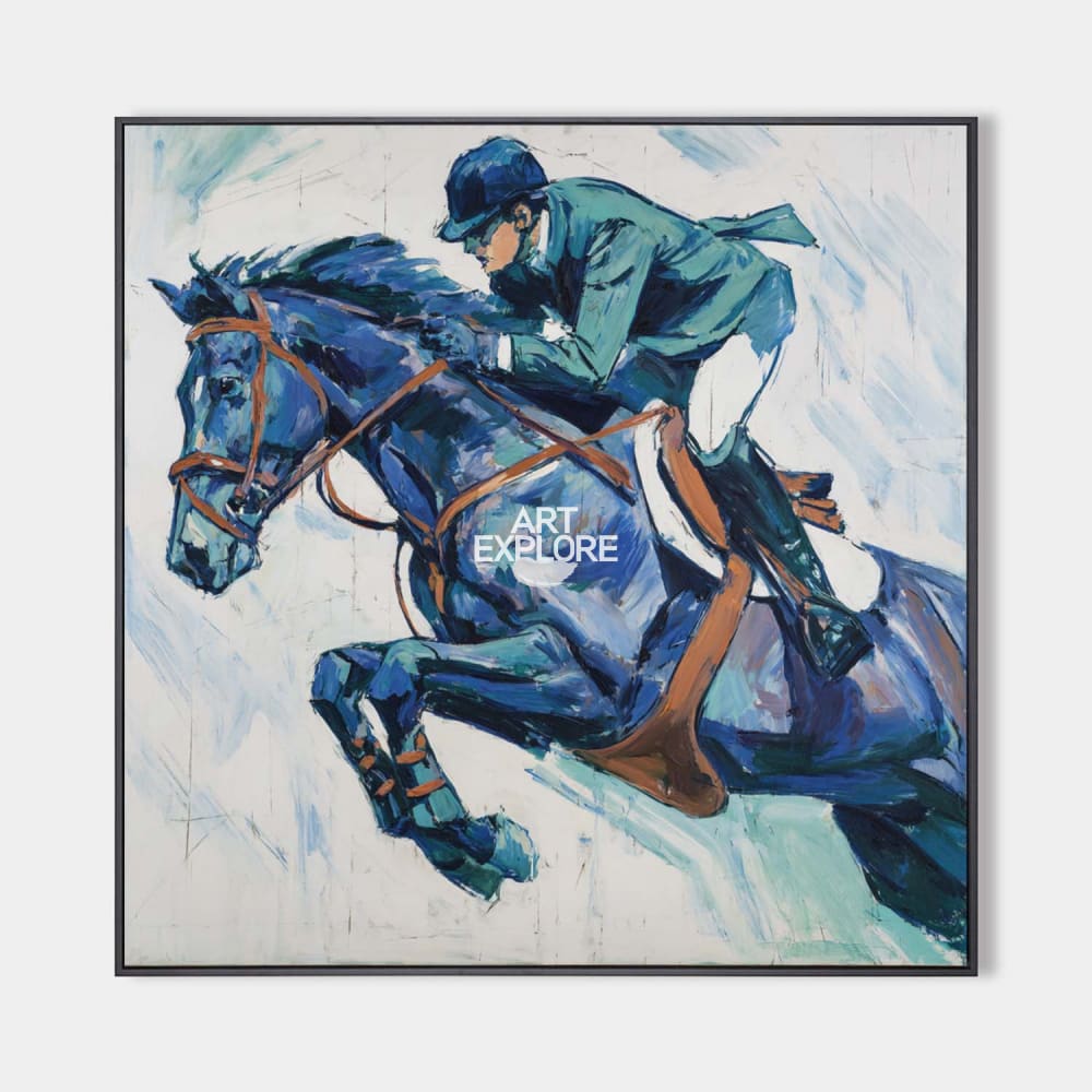 Original hand painted navy blue horse equestrian oil painting canvas wall art, elegant luxury modern scandinavian nordic home decor int