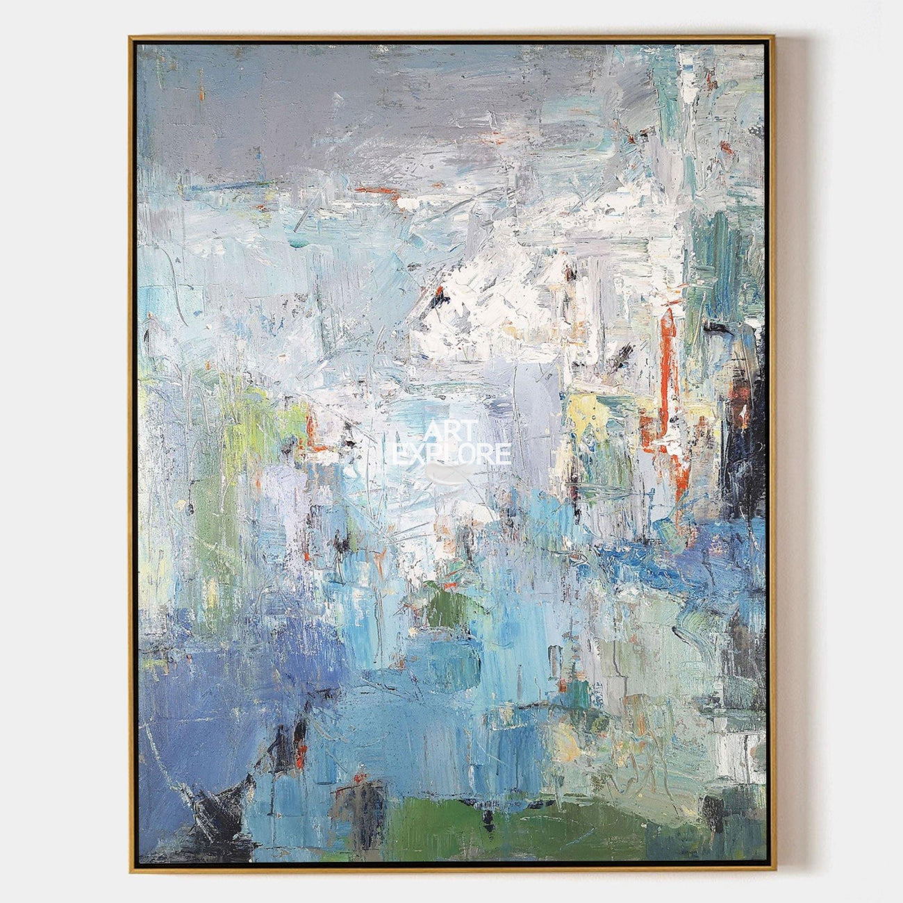 Original hand painted coastal abstract oil painting canvas, misty blue grey green textured strokes, elegant luxury modern nordic scandi