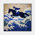 Original hand painted navy blue equestrian coastal abstract oil painting canvas wall art, elegant luxury modern scandinavian nordic hom