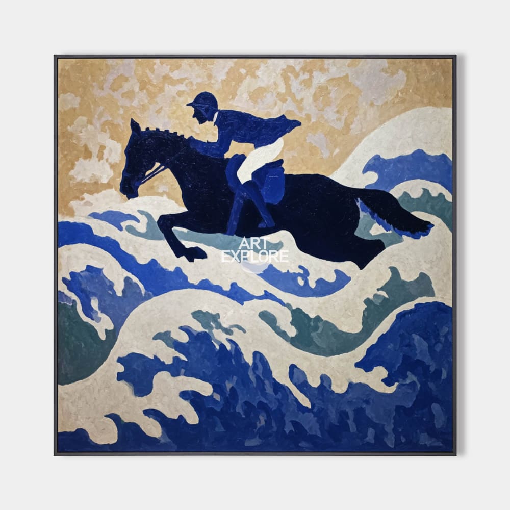Original hand painted navy blue equestrian coastal abstract oil painting canvas wall art, elegant luxury modern scandinavian nordic hom