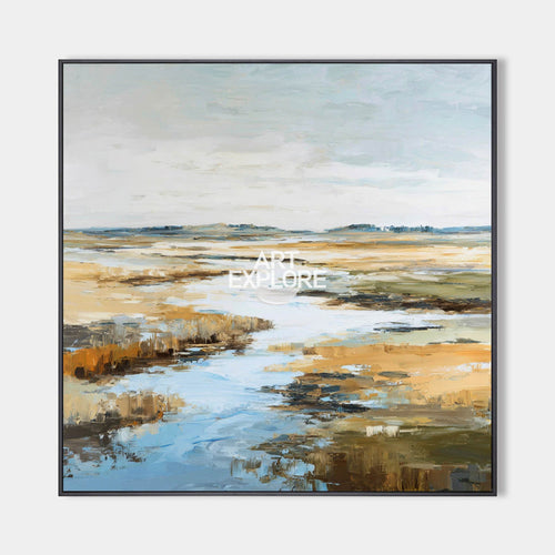 Original hand painted amber coastal marshland abstract oil painting canvas wall art, nordic scandinavian elegant luxury modern living r