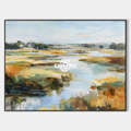 Original hand painted amber green coastal marsh oil painting canvas wall art, elegant luxury modern scandinavian living room interior d