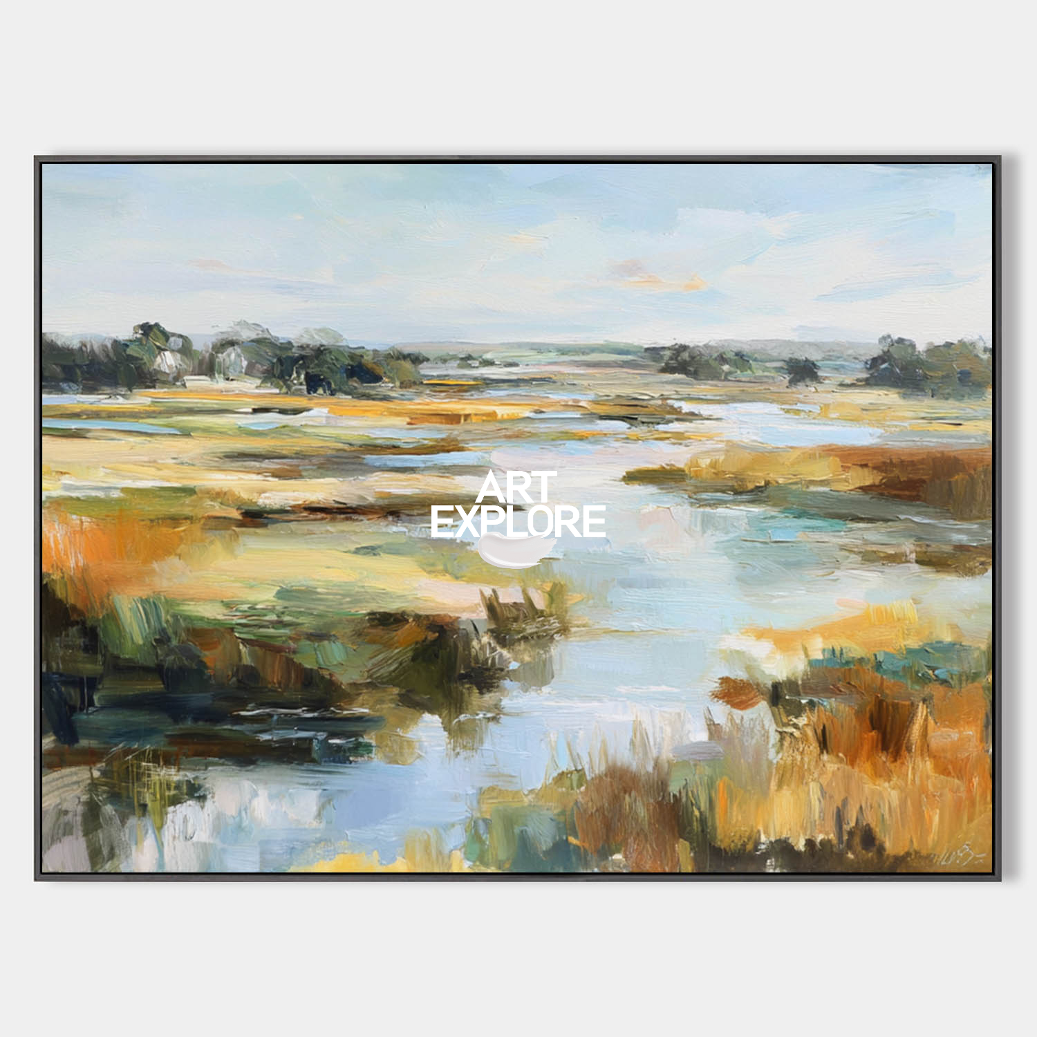 Original hand painted amber green coastal marsh oil painting canvas wall art, elegant luxury modern scandinavian living room interior d