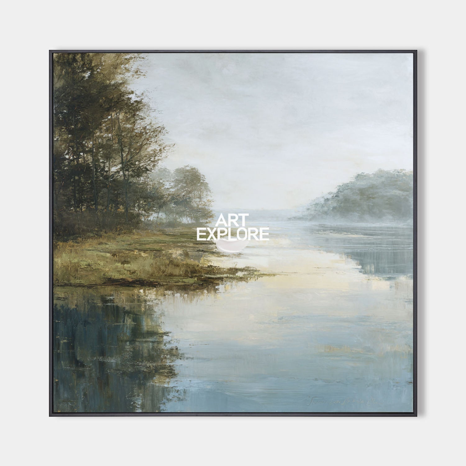 Original hand painted misty lake landscape oil painting canvas wall art, soft blue sage gold nordic scandinavian elegant luxury modern