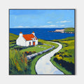 Original hand painted coastal cottage oil painting, bold blue sea green hills red roof, elegant luxury modern scandinavian nordic canva