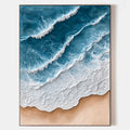 Original hand painted teal blue ocean wave coastal oil painting canvas wall art, aerial view sandy beach, elegant luxury modern scandin