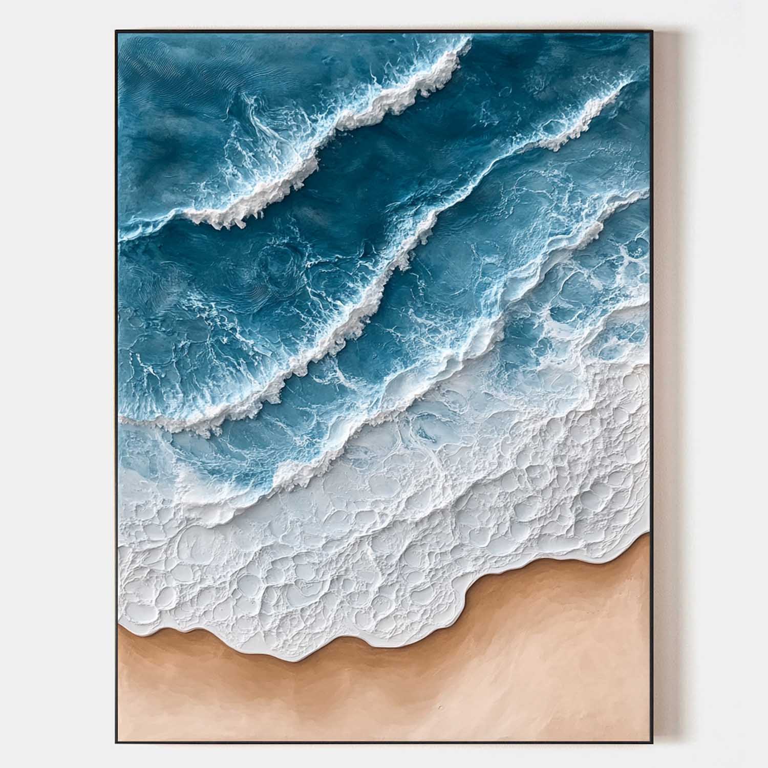 Original hand painted teal blue ocean wave coastal oil painting canvas wall art, aerial view sandy beach, elegant luxury modern scandin